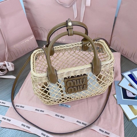 미우미우 5BA286 가죽 트리밍 패브릭 핸드백 M1