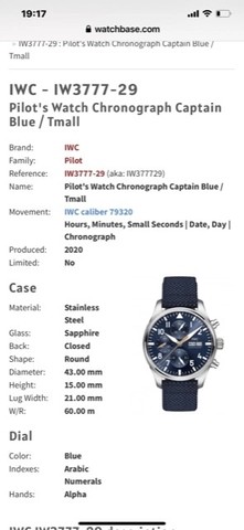 IWC IW377729 파일럿 워치 크로노그래프 캡틴 블루 / 티몰